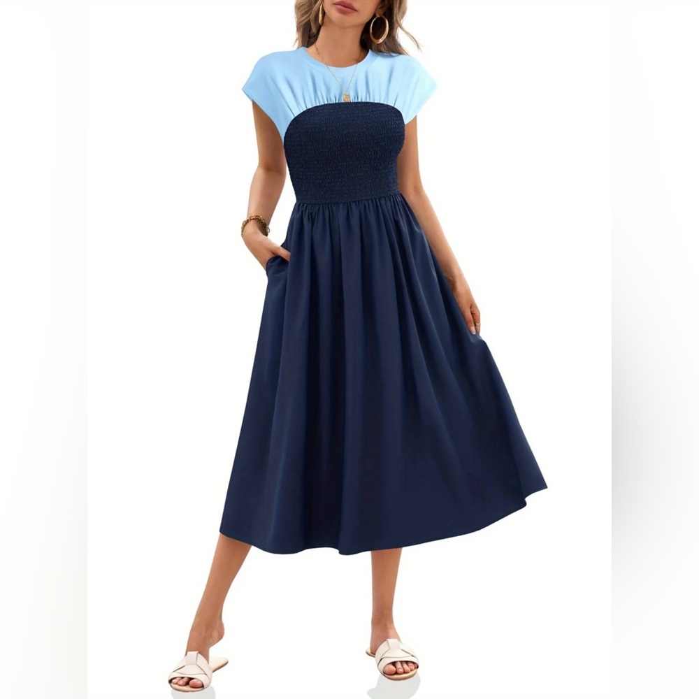 NWOT Light Blue & Navy Midi Dress with Smocked Bodice